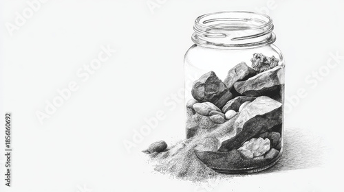 Pencil sketch-style artistic illustration of a jar filled with sand, pebbles, and large rocks that overflow, representing a product analogy with layered composition.