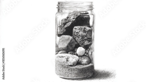 Pencil sketch-style artistic illustration of a jar filled with sand, pebbles, and large rocks that overflow, representing a product analogy with layered composition.