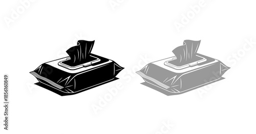 Black and white silhouette illustration of a pack of wet wipes perfect for hygiene cleaning and sanitization related designs and projects
