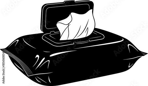 Black and white silhouette illustration of a pack of wet wipes perfect for hygiene cleaning and sanitization related designs and projects
