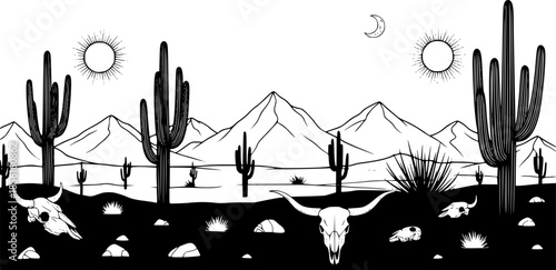 Black and white line art illustration of a desert landscape with cacti mountains sun moon and animal skulls and horns
