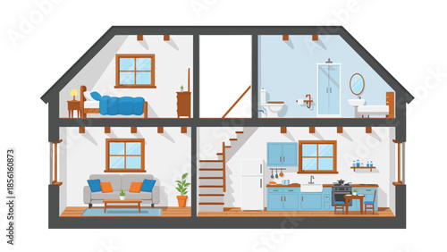 Detailed cutaway illustration of a two-story house, showcasing the interior layout of a bedroom, bathroom, living room, and kitchen.