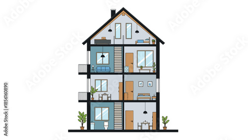 Detailed cutaway illustration of a multi-story house, showcasing the interior layout with various rooms and multiple levels.