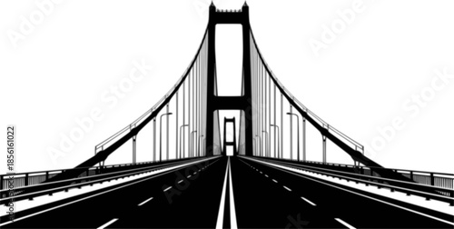 a striking black and white illustration depicts a symmetrical suspension bridge extending towards a vanishing point on a roadway high quality
