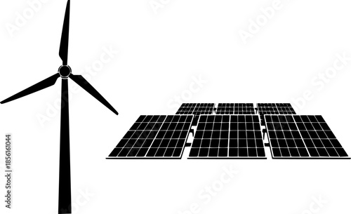 a minimalist depiction showcases a single wind turbine alongside a row of solar panels symbolizing sustainable energy and clean power generation
