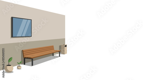 Minimalist outdoor waiting area featuring a simple wooden bench, a framed picture on the wall, and small potted plants.