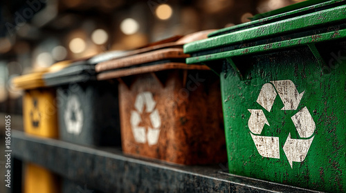 Recycling bin sorting closeup detail, waste segregation for plastic, metal, and paper, urban eco-friendly disposal system, clean environment management, detailed perspective