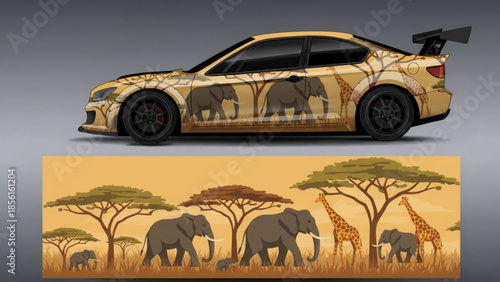 A sporty car with a detailed African savanna wildlife wrap featuring elephants, giraffes, and acacia trees.