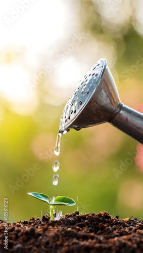 Watering Can Pouring Droplets onto Young Green Seedling in Soil at Sunset Garden Closeup