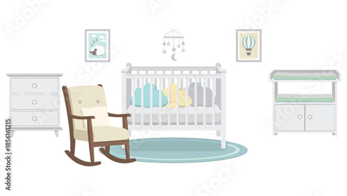 Brightly decorated baby nursery room with a crib, rocking chair, dresser, and changing table, featuring a minimalist and cozy style.