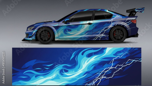 Dynamic blue sports car with a lightning and wave graphic wrap design, showcasing a vibrant automotive decal.
