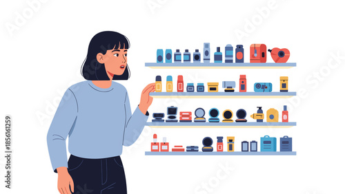 Woman attentively browsing shelves filled with a wide range of beauty and cosmetic products in a store or home setting.