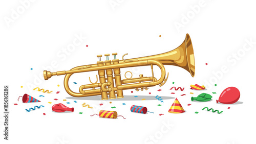 Elegant brass trumpet surrounded by an array of colorful party decorations, including streamers, confetti, and deflated balloons.