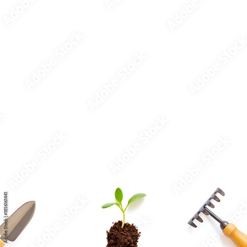 Minimal Garden Seedling with Soil Clump and Wooden Tools on White Copy Space Background
