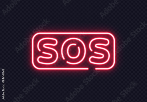 Red glowing SOS text inside rounded shape. Eye-catching emergency signal for urgent messages or alerts.