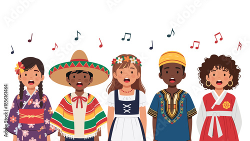 Five cheerful children from diverse cultures singing together, with musical notes floating above, symbolizing global harmony.