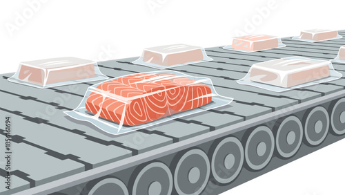 Packaged fresh fish fillets, specifically salmon, moving along a conveyor belt in a modern food processing factory.