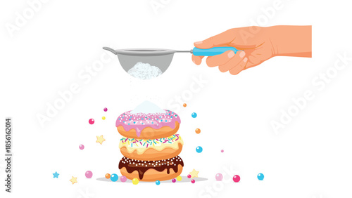 Hand sifting powdered sugar over a delightful stack of colorful frosted donuts adorned with festive sprinkles and candies.