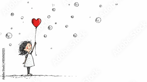 Charming naive hand-drawn illustration of happy girl holds a bright red heart balloon against a minimal white background with bubbles. Evokes love, innocence, and joy. Copyspace.
