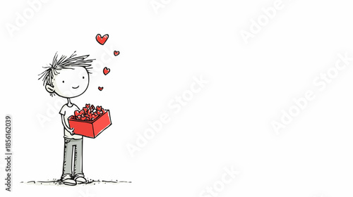 Symbolic vector illustration of child holding open box with hearts. Simple character expressing kindness, care and emotional openness. Suitable for social, charity, holiday concepts, with copy space