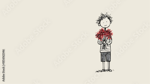 Minimal vector illustration of  little boy holding  bouquet of red flowers. Naive hand drawn look with simple shapes, expressive lines and strong emotional message on light background with copy space