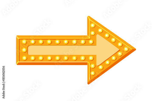 Eye-catching golden arrow, brilliantly lit by a row of vintage-style bulbs, providing a dynamic visual guide and a strong sense of forward movement or clear indication