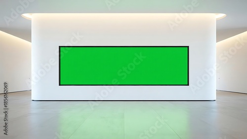 Large Green Screen Display on Curved White Wall in Minimal Futuristic Gallery Interior