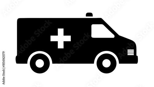 Simple black and white graphic illustration of an ambulance with a white cross symbol on its side