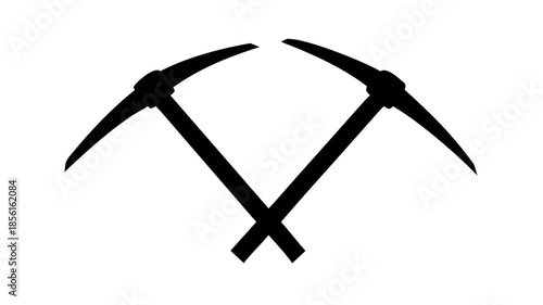 Distinctive graphic of two crossed pickaxes, a timeless symbol for diligent mining, manual labor, groundwork, and historical excavation, presented as a bold silhouette