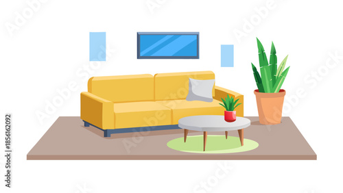 Modern living room interior with a yellow sofa, coffee table, and plant