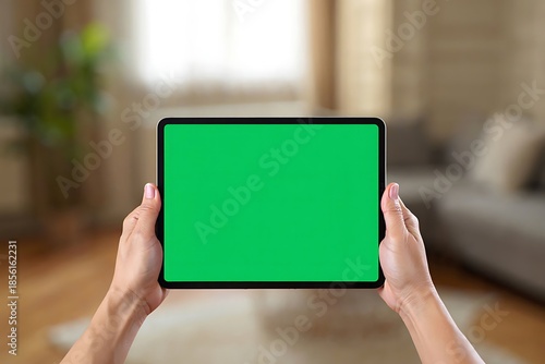 Woman Holding Tablet with Green Screen in Cozy Living Room Interior, Horizontal Mockup