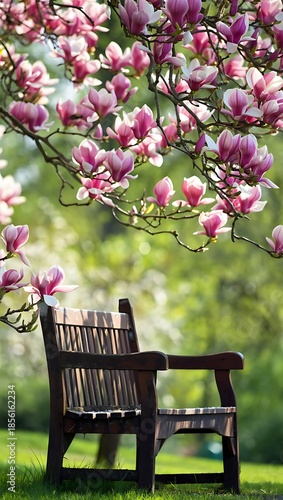 Rustic Wooden Bench Beneath Blooming Pink Magnolia Tree in Sunny Spring Garden