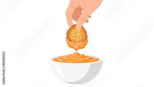 Hand dipping a crispy fried food item into a vibrant orange dipping sauce, showcasing a delicious snack or appetizer.