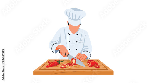 Chef's hands meticulously chopping vibrant red chili peppers on a wooden cutting board, preparing ingredients for a spicy dish.