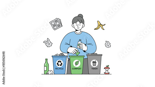 Person diligently sorting different types of waste into labeled recycle, compost, and trash bins, promoting environmental responsibility.