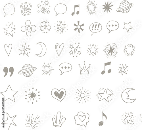 Collection of hand-drawn decorative elements including stars, hearts, moons, and musical notes
