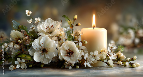 Funeral card template with burning candle and white flowers, condolence background with copy space for obituary text, memorial service announcement with floral arrangement.