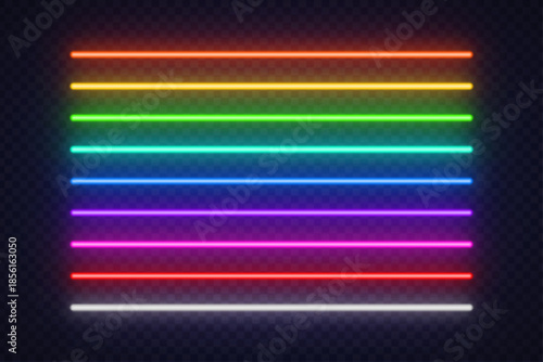 A colorful set of glowing neon lines placed in parallel rows on a transparent background. The vibrant palette adds energy and flexibility for creative design use.