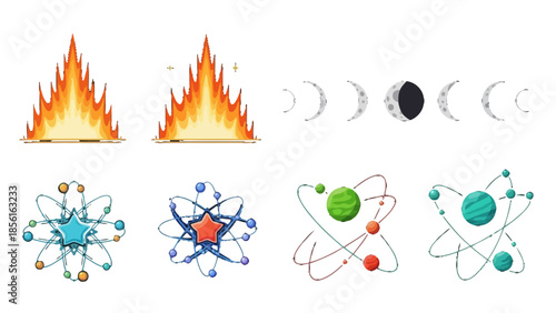 Abstract Element Icon Set with Fire, Moon Phases, Atom Structures, and Starbursts on Isolated White Background