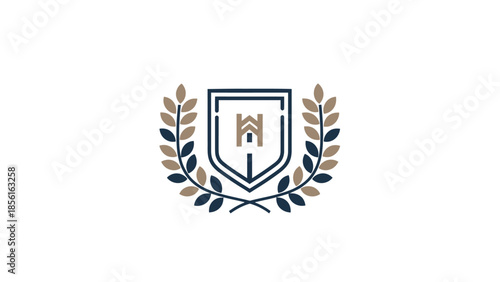 Corporate Shield Emblem with House Icon and Brown Laurel Wreath, Isolated White Background