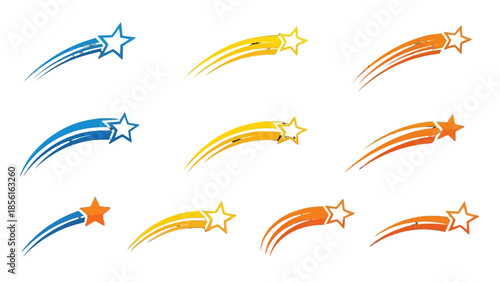 Warm Set of Yellow and Orange Shooting Stars and Comets, Isolated White Background