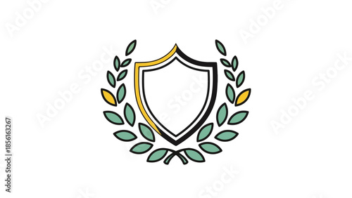 Gold Outlined Shield with Green Laurel Wreath Emblem, Isolated White Background