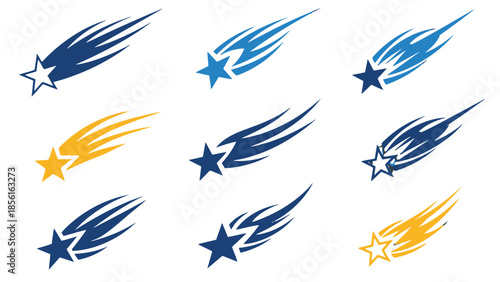 Cool Set of Blue and Yellow Shooting Stars and Comets, Isolated White Background