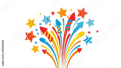 Vibrant Colorful Fireworks Explosion with Stars and Rockets on Isolated White Background, Festive Celebration Burst