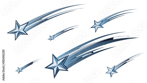 Dynamic Set of Blue Shooting Stars and Comets, Isolated White Background
