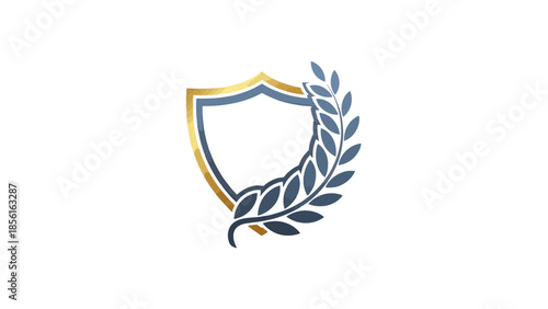 Elegant Golden Shield with Laurel Wreath Emblem, Isolated White Background