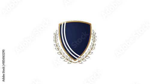 Formal Dark Blue Shield with Golden Outline and Laurel Wreath, Isolated White Background
