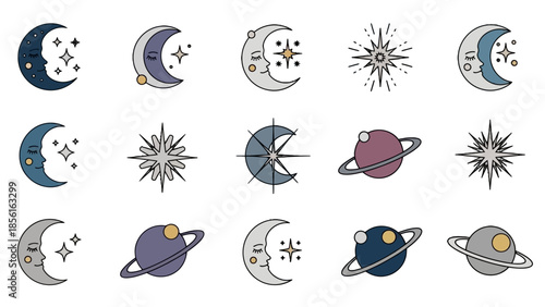 Cute Celestial Body Icons Set with Moon, Stars, and Planets, Isolated White Background