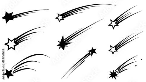 Black Silhouette Shooting Stars Set with Dynamic Trails on Isolated White Background
