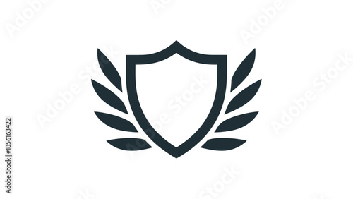 Minimalist shield emblem with a laurel wreath in dark blue on an isolated white background.
